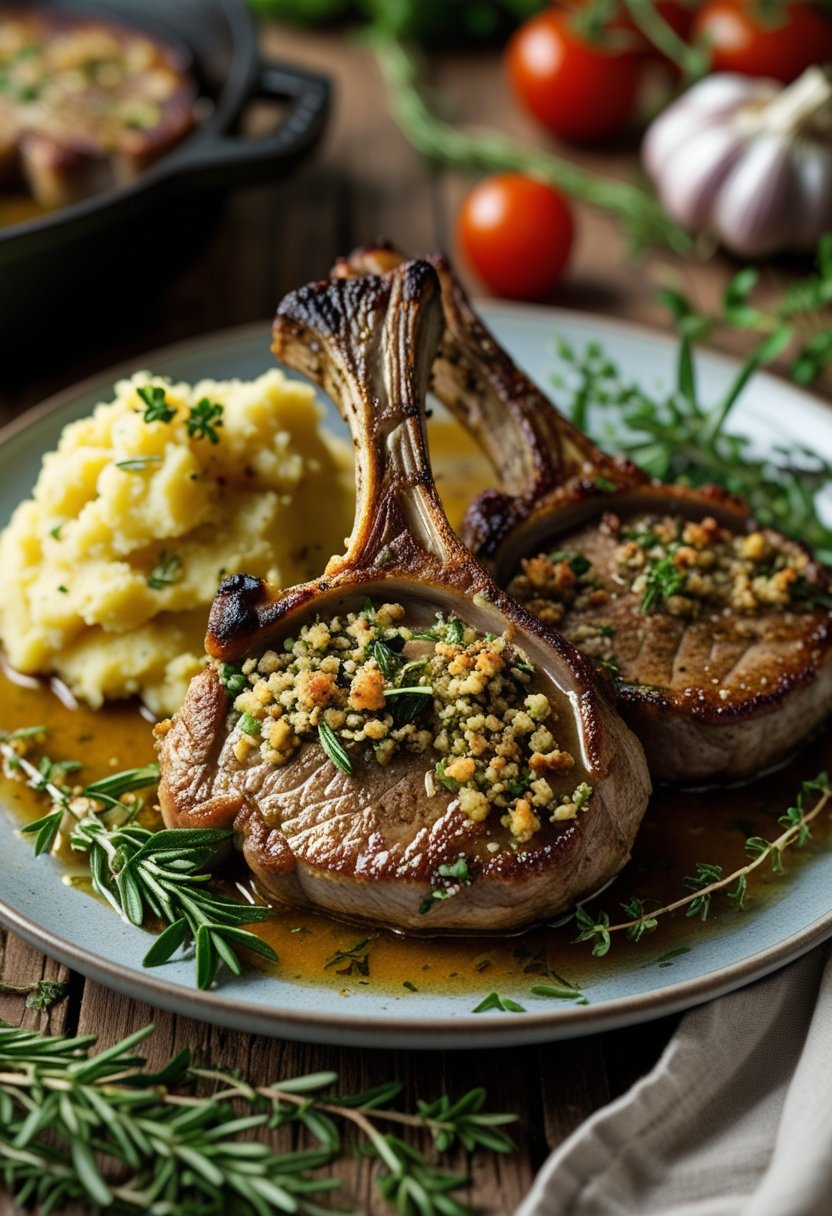 Plate of slow-cooked stuffed pork chops with roasted vegetables and mashed potatoes on a wooden table.