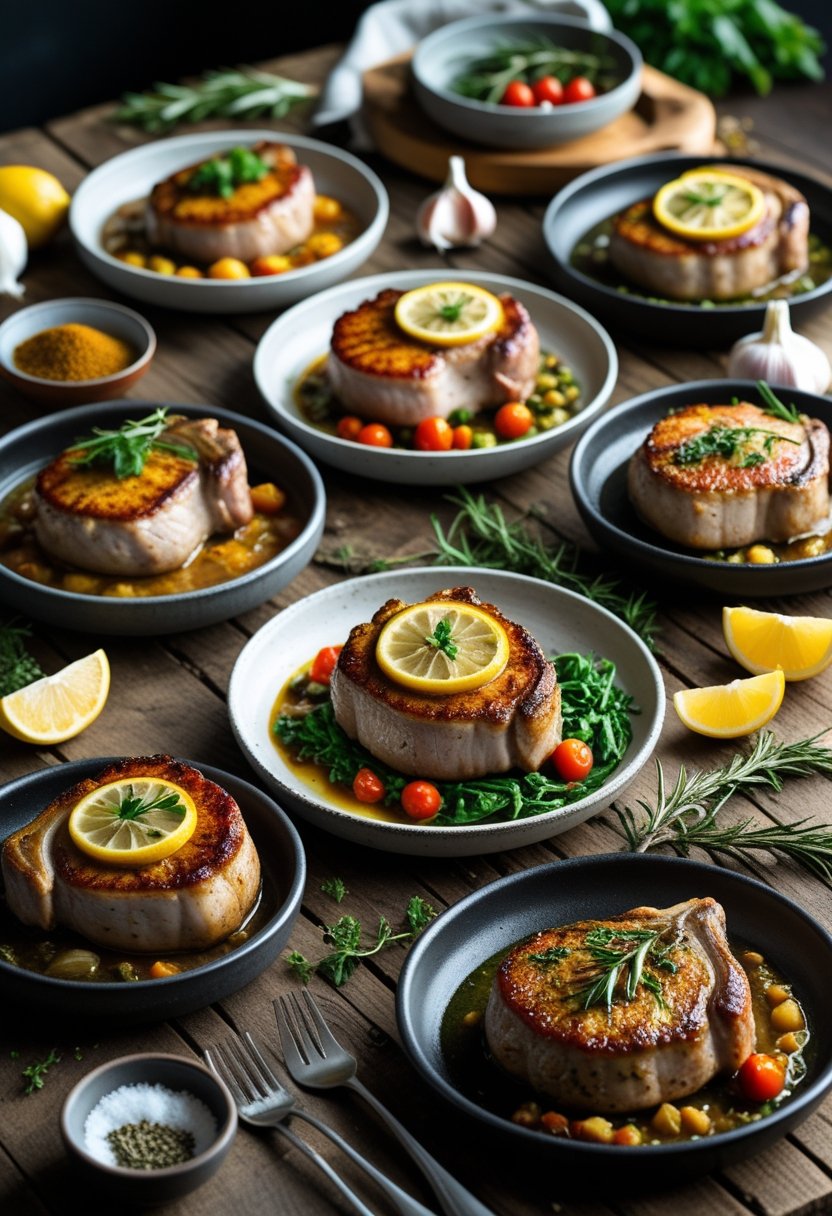 Seven different cooked pork chops arranged on a wooden table with herbs and vegetables.