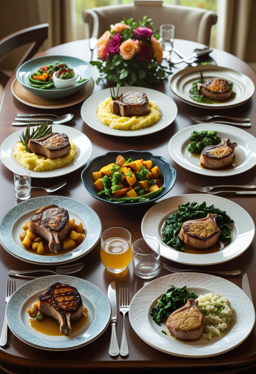 A dining table displaying seven different pork chop dishes, each served with various side dishes and garnishes.