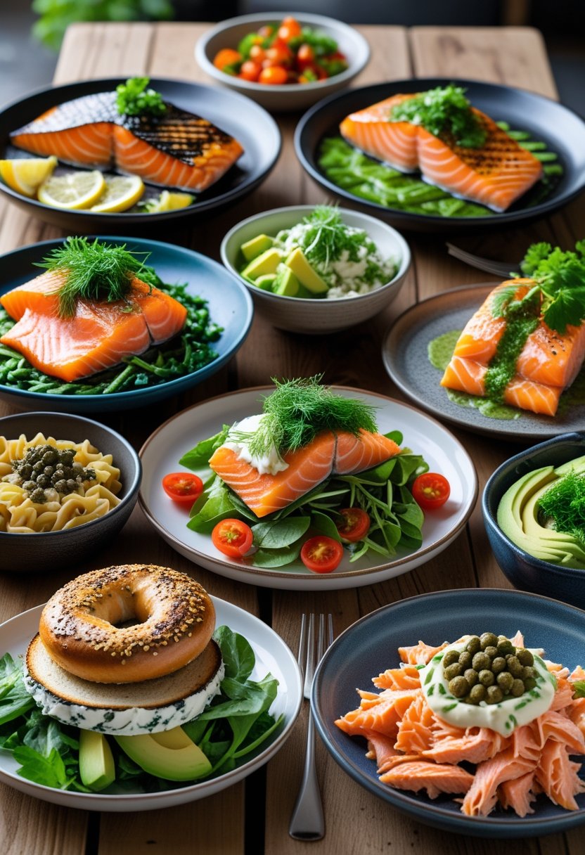 Seven different salmon dishes arranged on a wooden table, each prepared with various ingredients and garnishes.