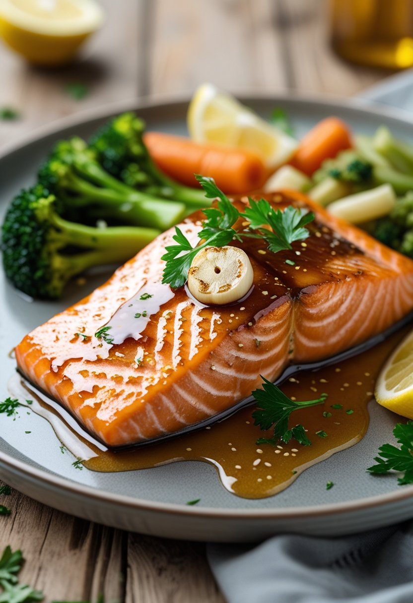 A plate with honey garlic glazed salmon garnished with herbs, served with steamed vegetables and a lemon wedge on a wooden table.