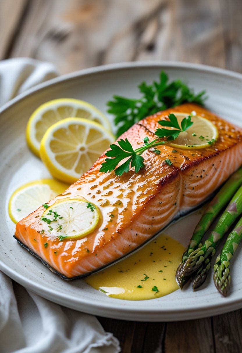 A plate with a pan-seared salmon fillet topped with lemon butter sauce, garnished with lemon slices, parsley, and asparagus.