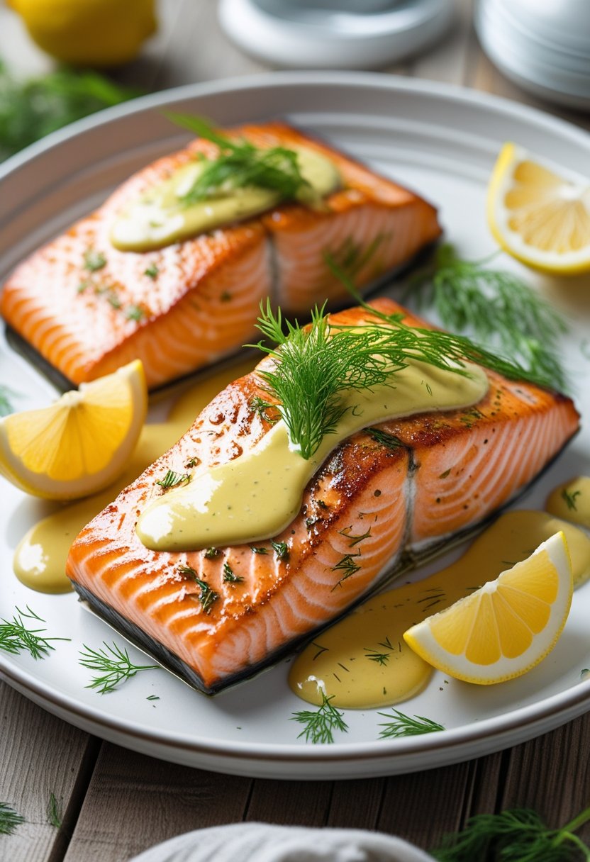 A plate with a baked salmon fillet garnished with fresh dill and mustard sauce, accompanied by lemon wedges on a wooden table.