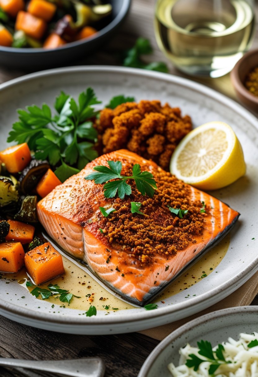 A cooked Cajun spiced salmon fillet garnished with herbs and lemon on a plate with roasted vegetables and a glass of white wine on a wooden table.