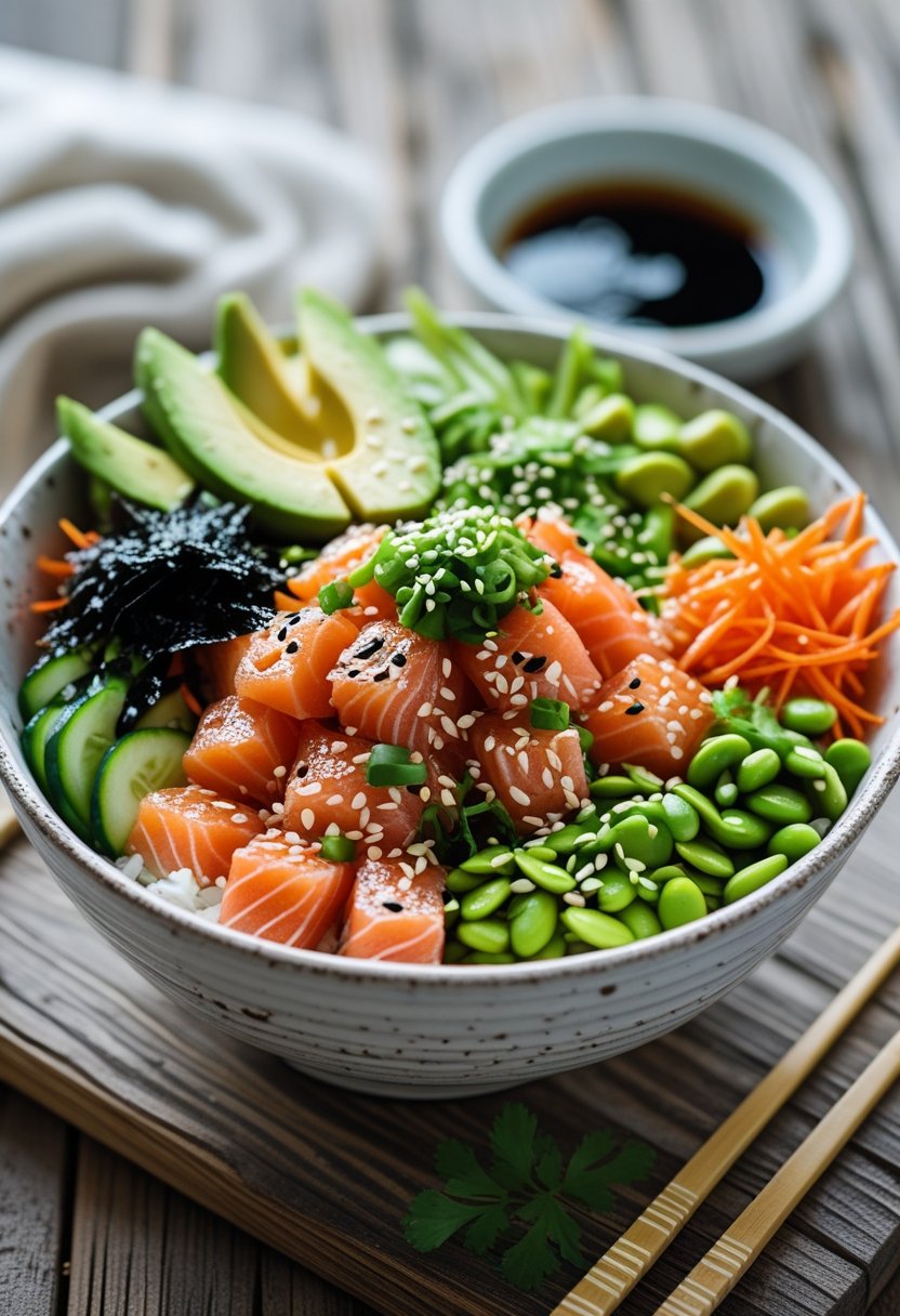 A bowl of fresh salmon poke with avocado, cucumber, carrots, edamame, and seaweed on a wooden table with chopsticks and soy sauce nearby.