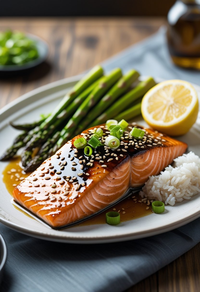 A plate with a glazed salmon fillet garnished with green onions and sesame seeds, served with asparagus, lemon wedge, and rice.