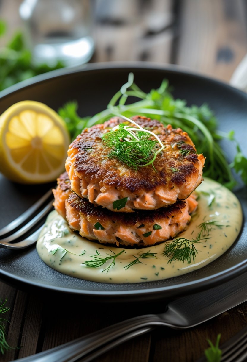 A plate of golden salmon cakes with a side of creamy aioli sauce, garnished with herbs and a lemon wedge on a wooden table.