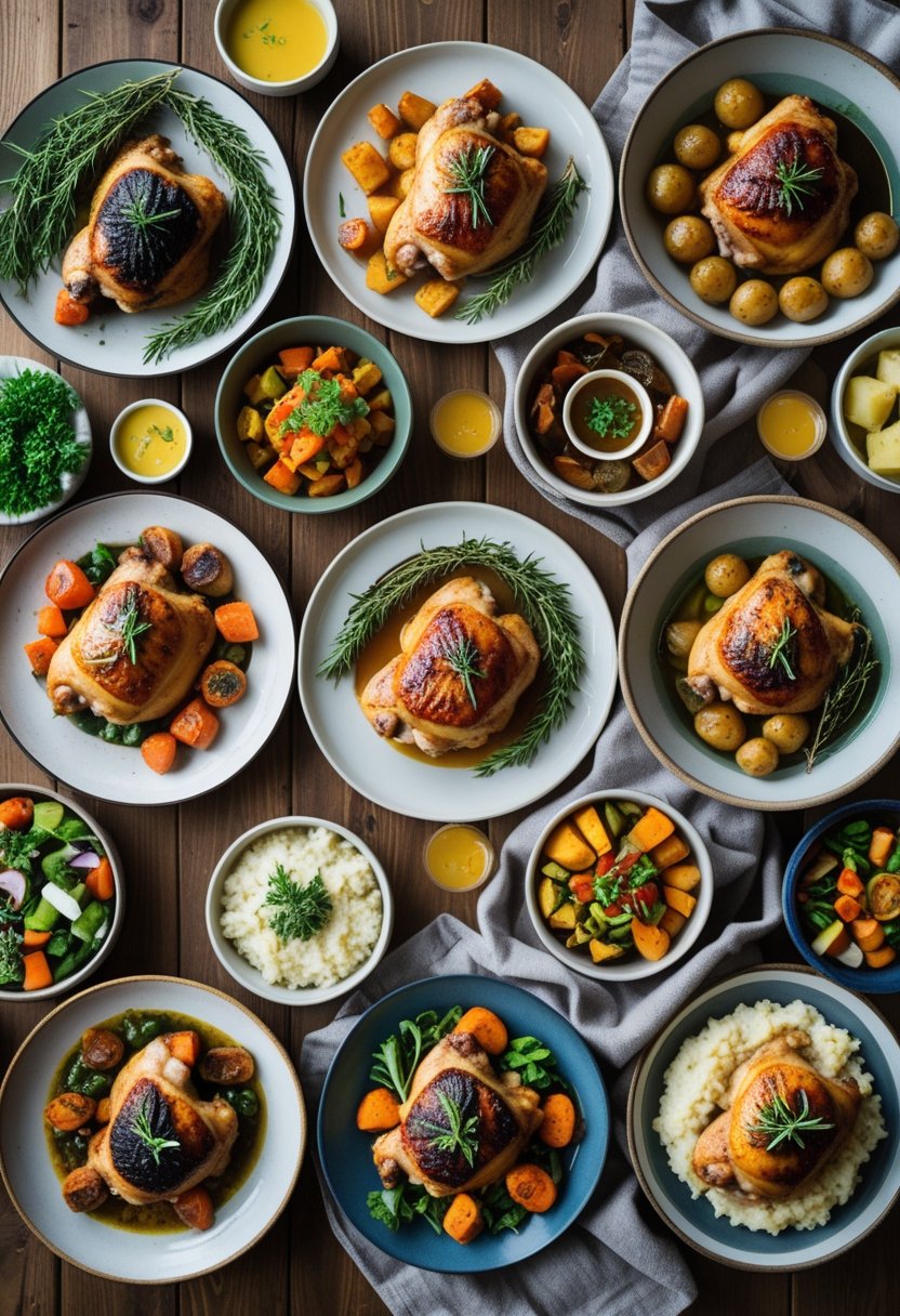 Nine different chicken thigh dishes arranged on plates with various sides and garnishes on a wooden table.