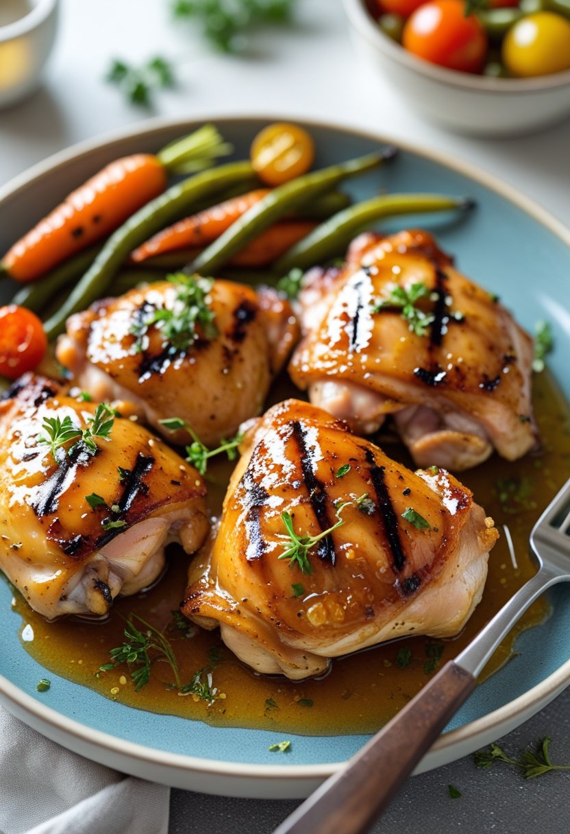 Plate of grilled honey garlic chicken thighs with roasted vegetables on a kitchen table.