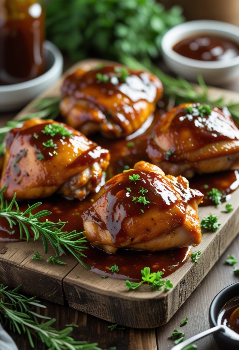 A plate of glazed BBQ chicken thighs garnished with fresh herbs on a wooden board.