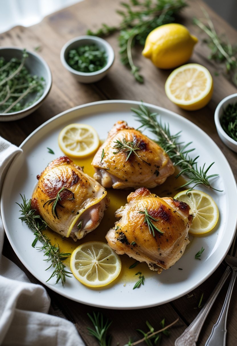 A plate of baked lemon herb chicken thighs garnished with fresh herbs and lemon slices on a wooden table.