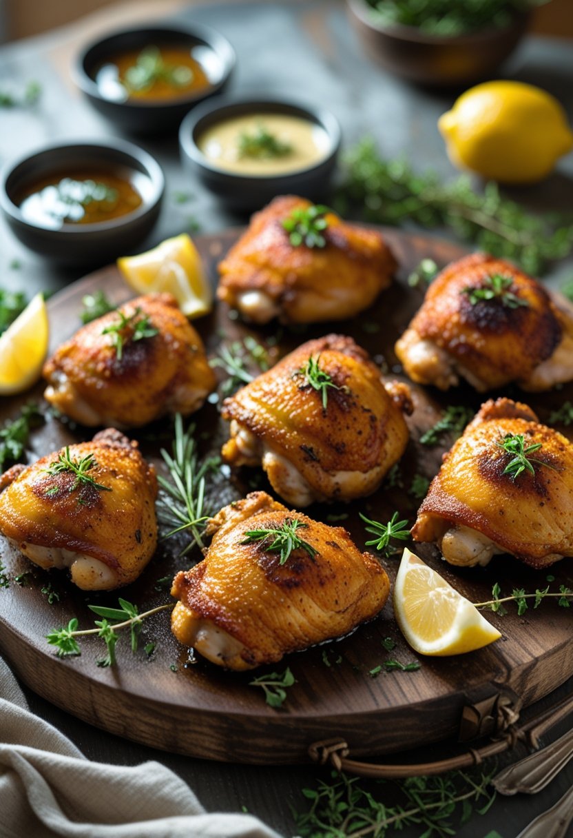 Crispy golden-brown air fryer chicken thighs on a wooden serving board garnished with fresh herbs and lemon wedges.