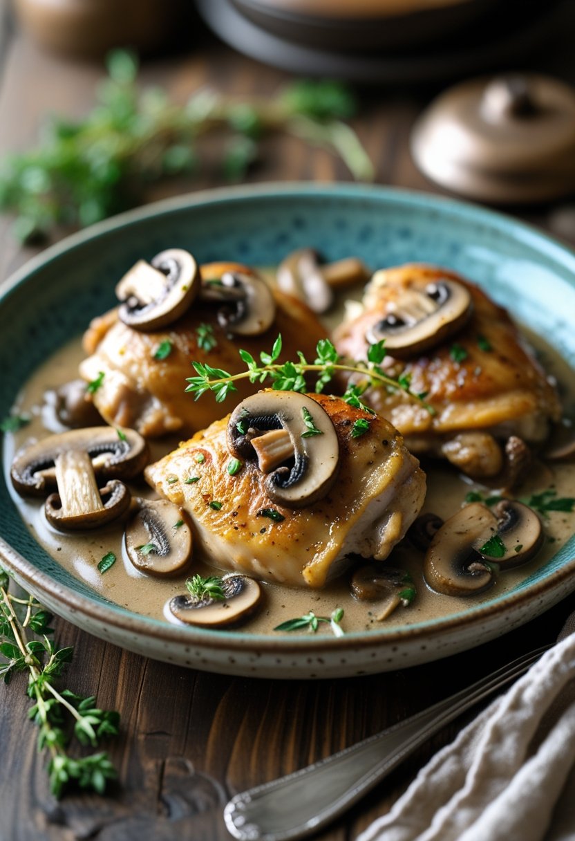 A plate of creamy mushroom braised chicken thighs garnished with fresh herbs on a wooden table.