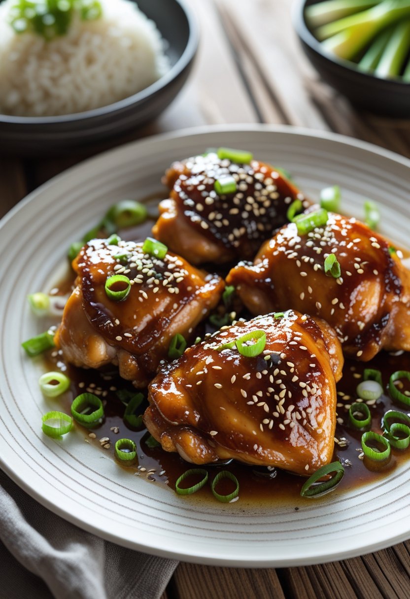 A plate of teriyaki glazed chicken thighs garnished with green onions and sesame seeds on a wooden table.