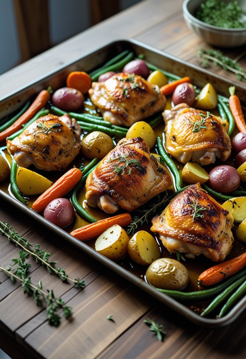 A sheet pan with roasted chicken thighs and a variety of roasted vegetables including carrots, potatoes, and green beans.