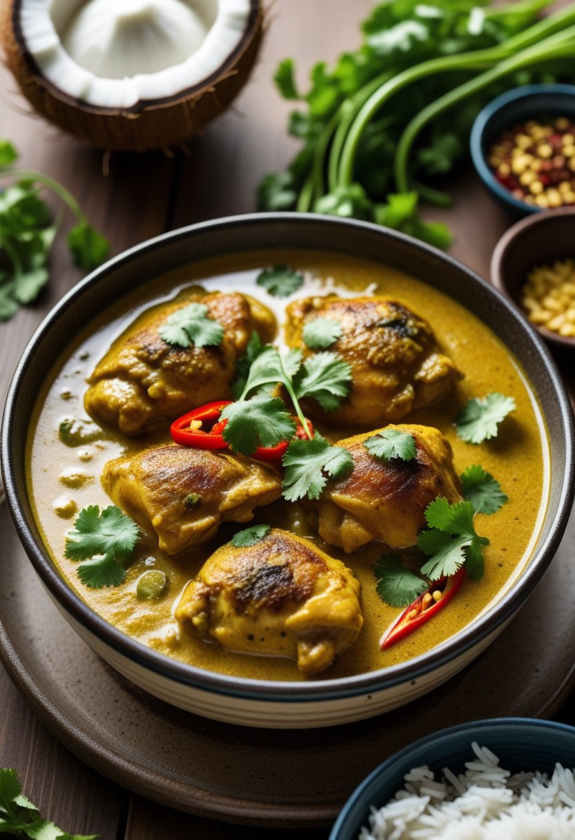 A bowl of chicken thigh curry in creamy coconut milk garnished with cilantro and chili, placed on a wooden table with rice and fresh ingredients nearby.