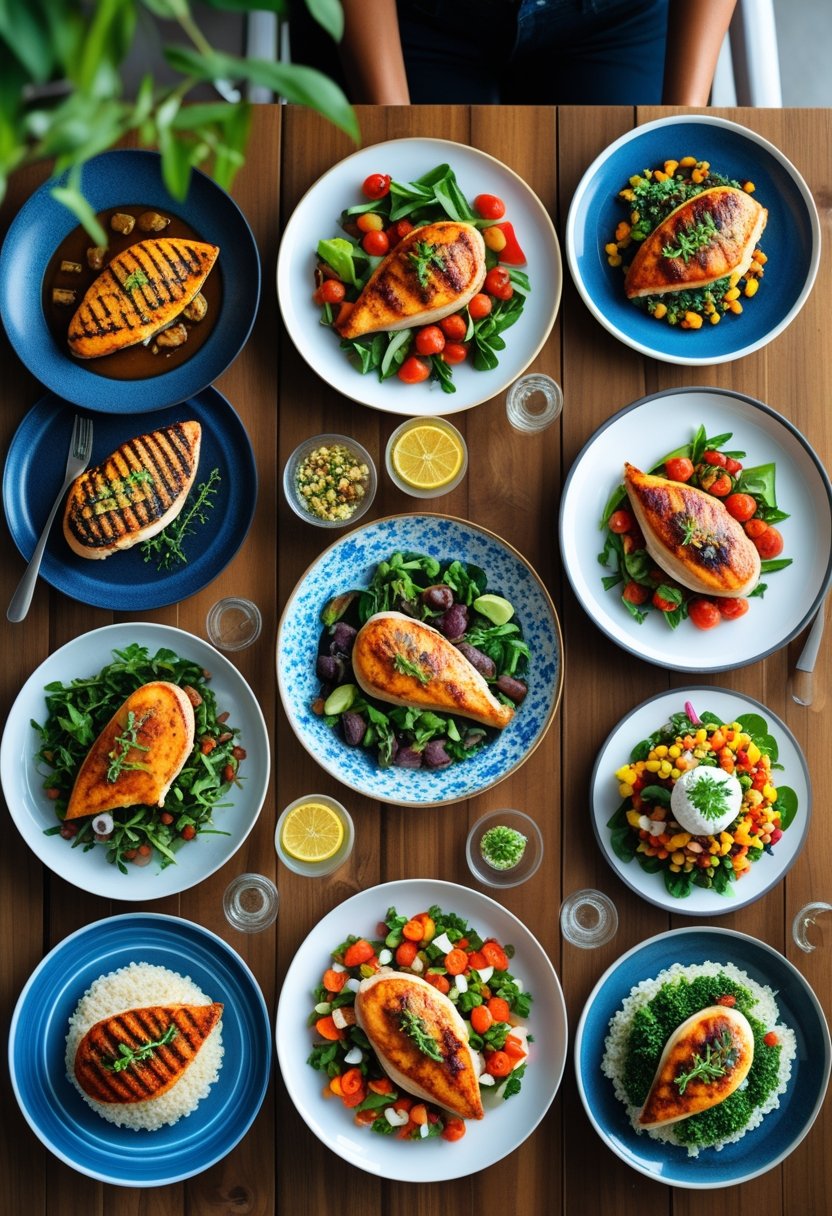 Nine plates of different cooked chicken breast dishes arranged on a wooden table with various side dishes.