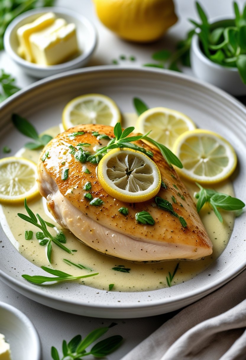 A cooked chicken breast topped with lemon-tarragon butter sauce, garnished with fresh tarragon and lemon slices on a white plate.