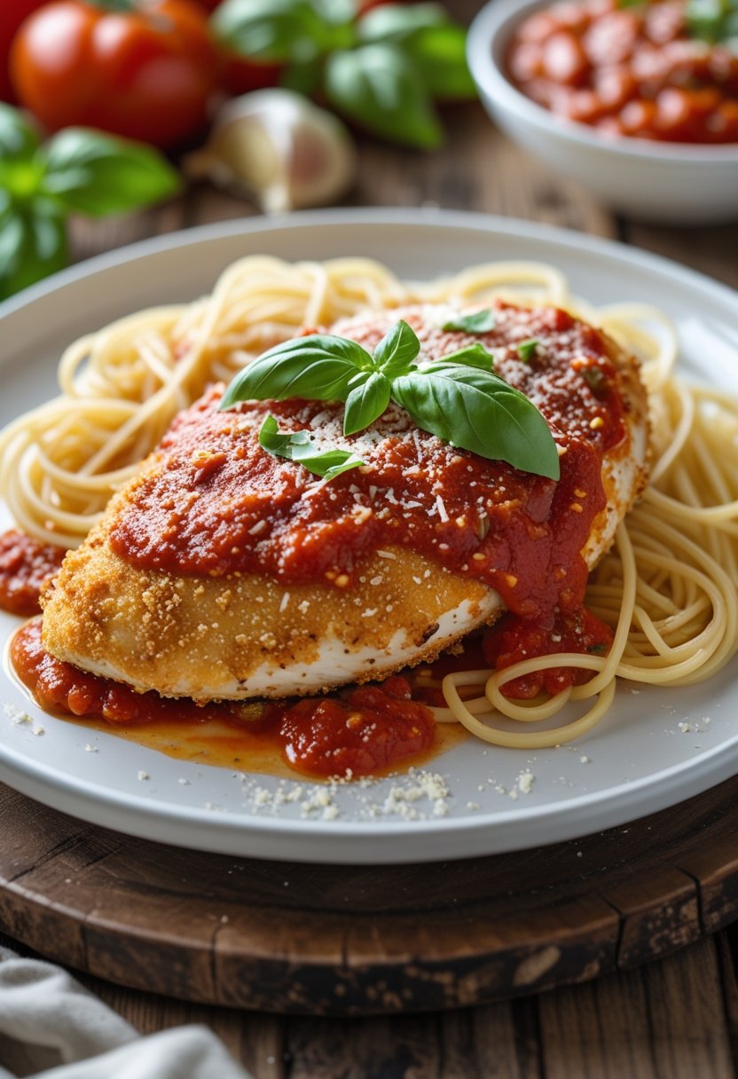 A plate with a parmesan-crusted chicken breast topped with marinara sauce and melted cheese, served with spaghetti pasta on a wooden table.