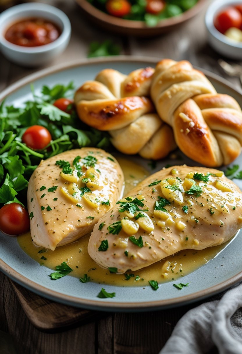 A plate of garlic knot chicken breast with garlic knots and a side salad on a wooden table.