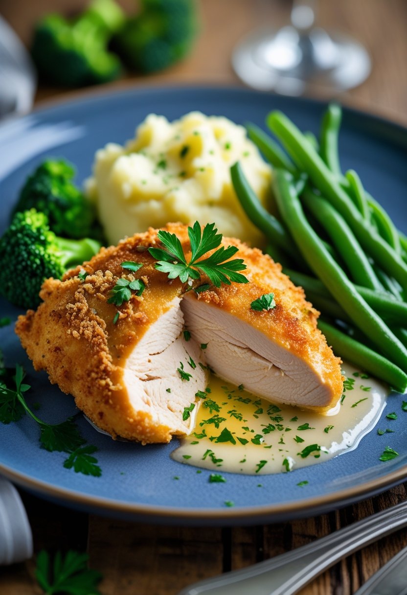 A plated Chicken Kiev with mashed potatoes and steamed green vegetables on a wooden table.