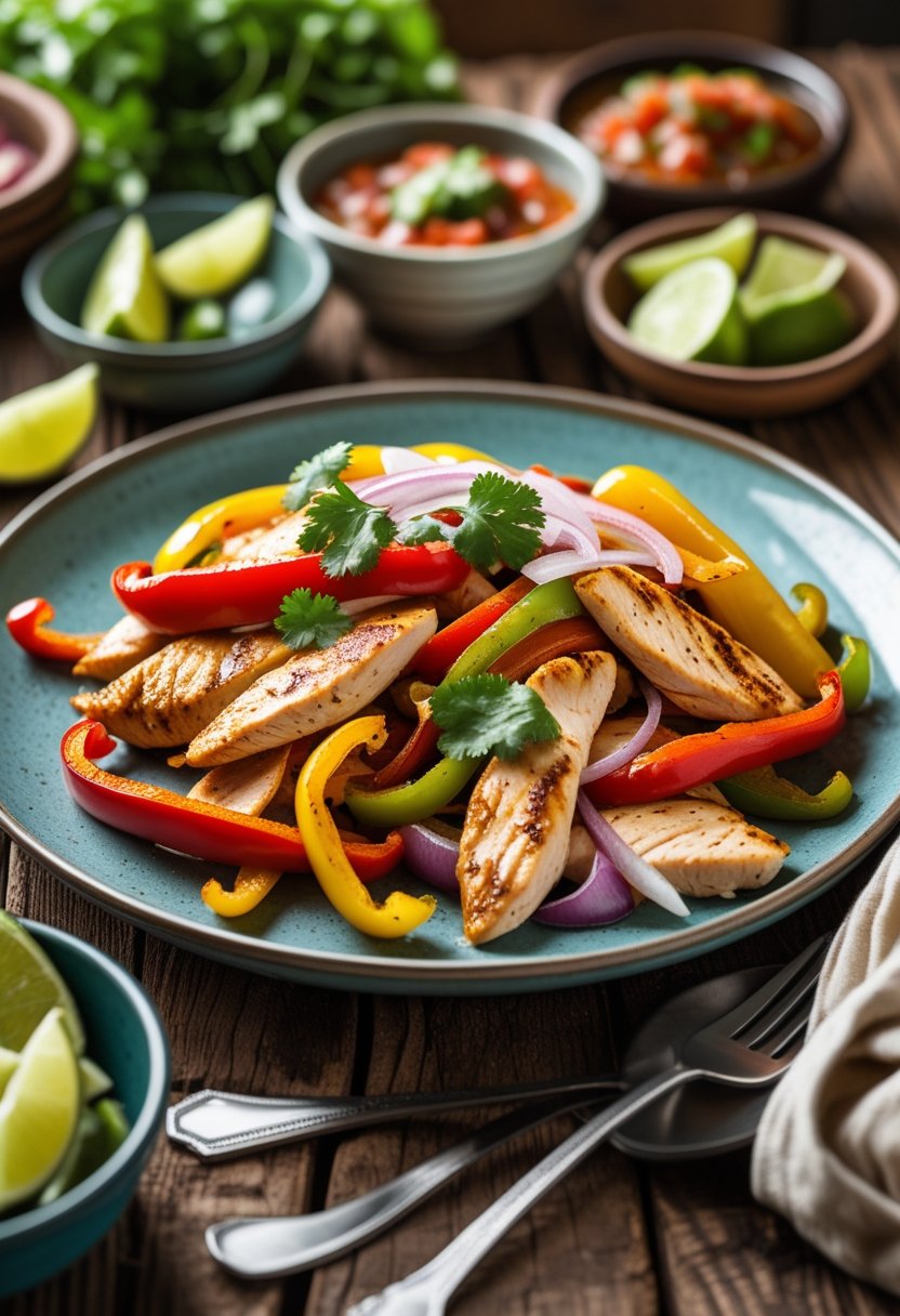 A plate of chicken fajitas with sliced chicken breast and colorful bell peppers, garnished with cilantro and onions, on a wooden table with small bowls of lime wedges and salsa nearby.