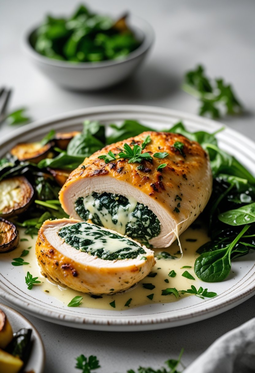 A sliced stuffed chicken breast filled with spinach and cheese on a white plate, garnished with herbs and served with vegetables.
