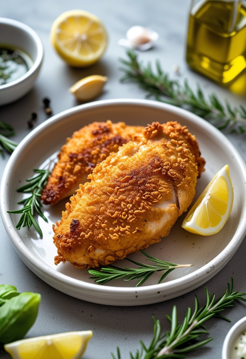 A crispy cooked chicken breast on a white plate with lemon wedges and rosemary, set on a kitchen countertop.