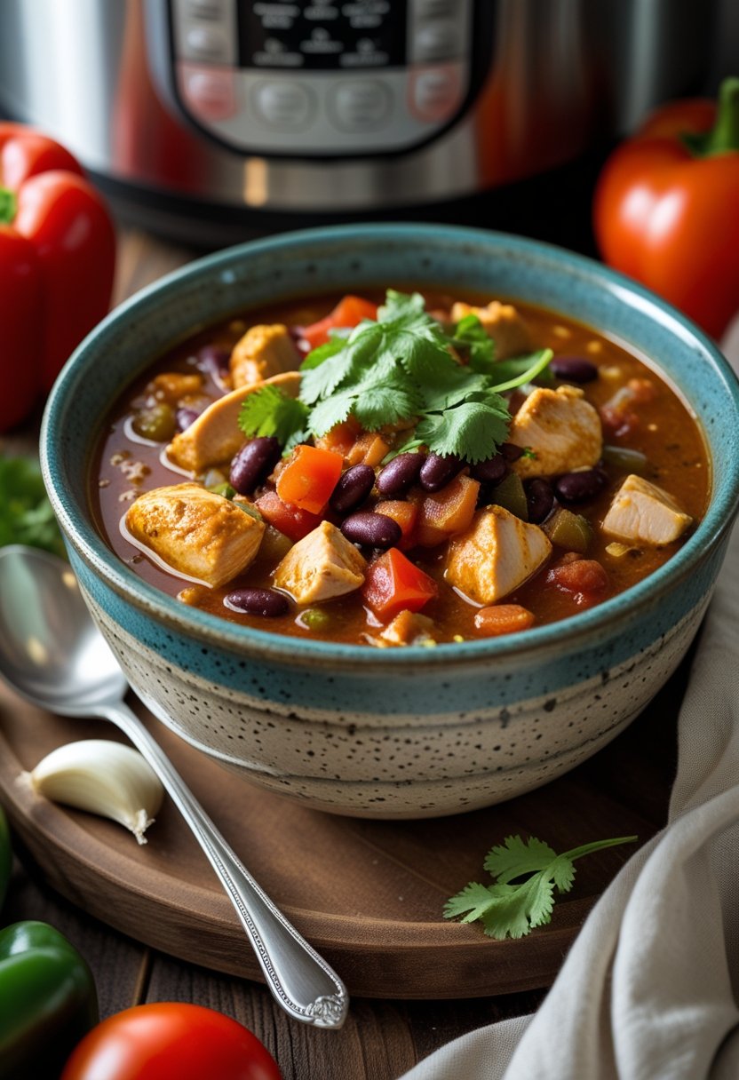 A bowl of chicken breast chili with beans and vegetables on a wooden table surrounded by fresh ingredients and an Instant Pot in the background.
