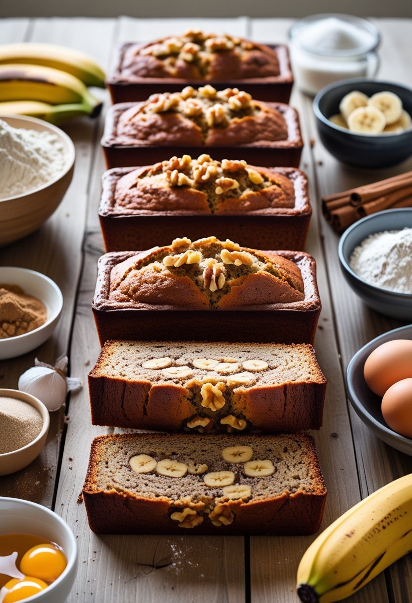 Seven loaves of banana bread on a wooden table with sliced pieces showing the inside, surrounded by bananas and baking ingredients.
