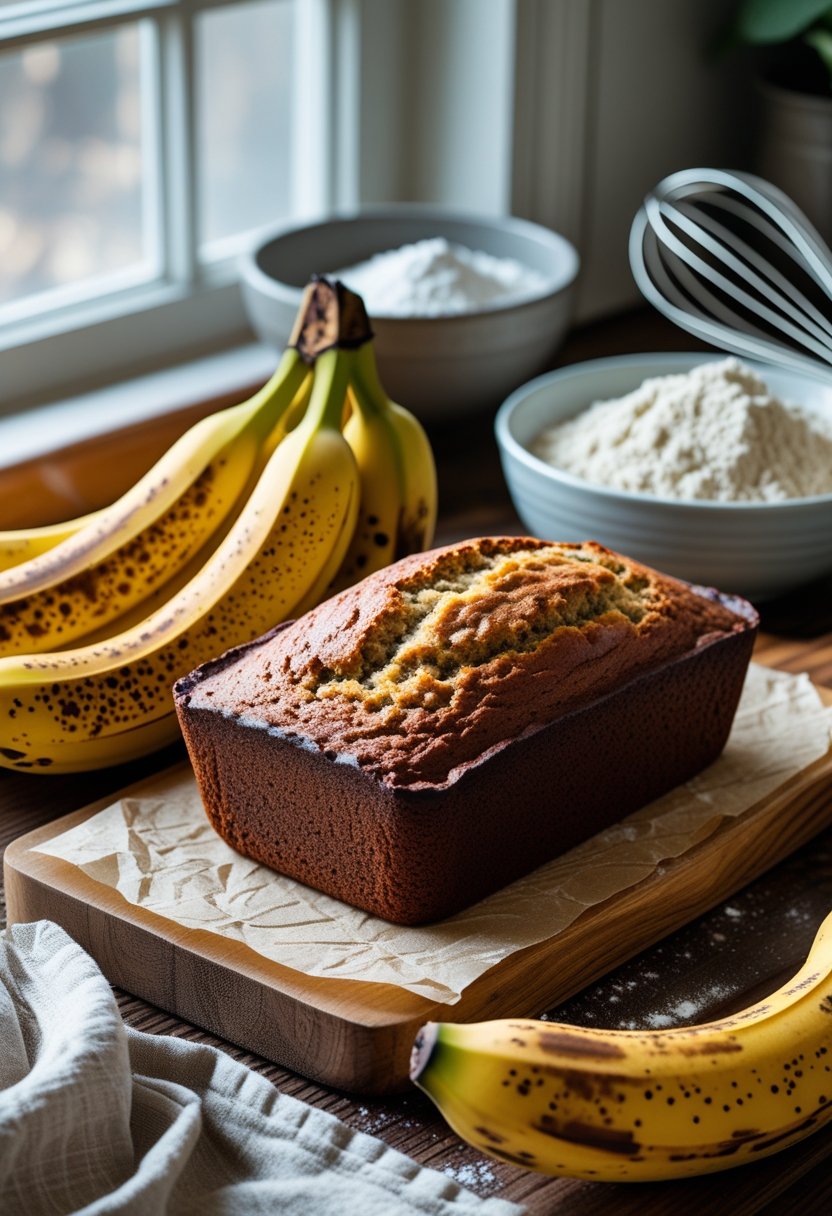 A loaf of banana bread on a wooden board with several very ripe bananas nearby in a kitchen setting.