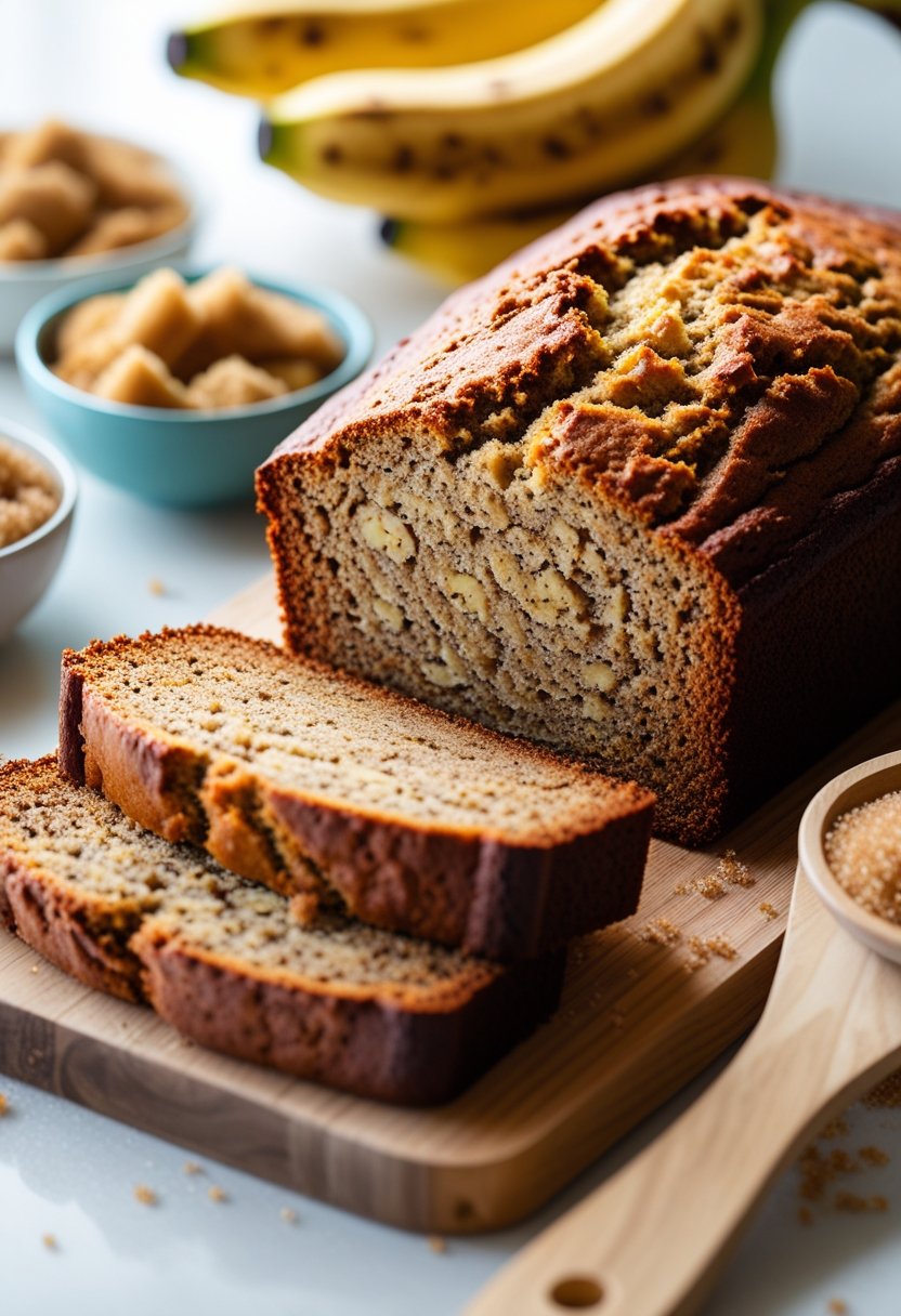A sliced loaf of banana bread with brown sugar and ripe bananas on a kitchen countertop.
