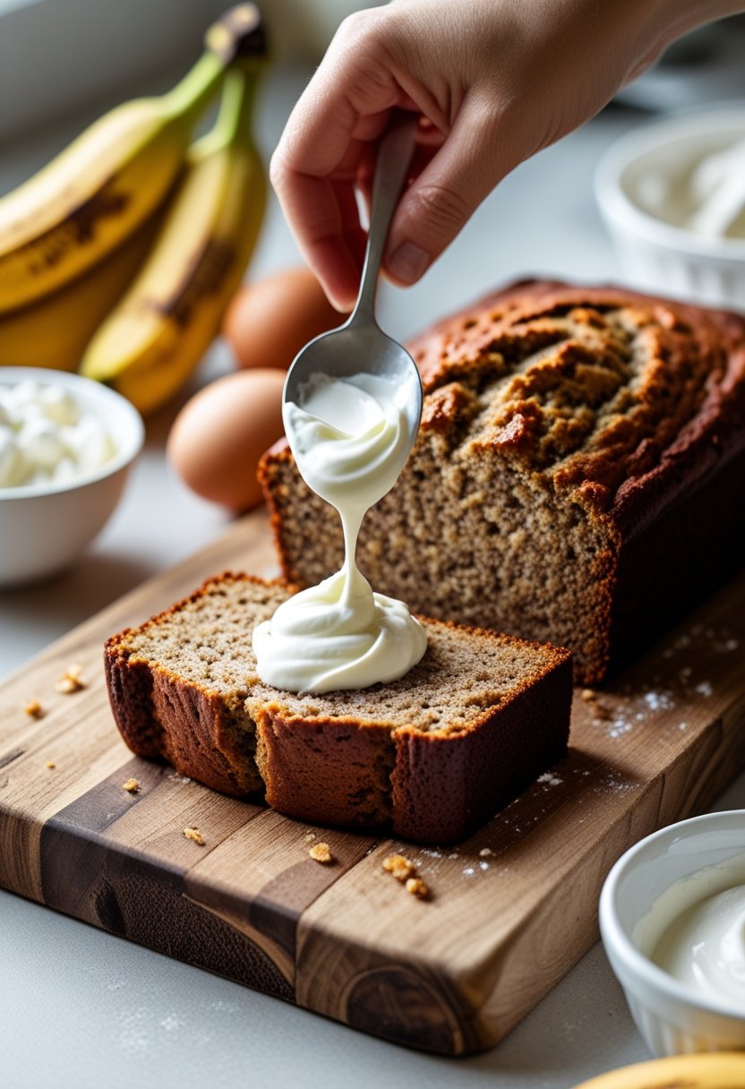 A hand spooning sour cream onto a slice of freshly baked banana bread on a wooden cutting board with bananas and sour cream nearby.