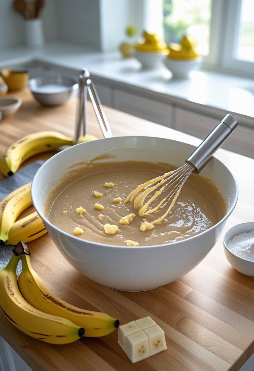 A mixing bowl on a wooden countertop containing banana bread batter with fresh bananas and baking ingredients nearby.