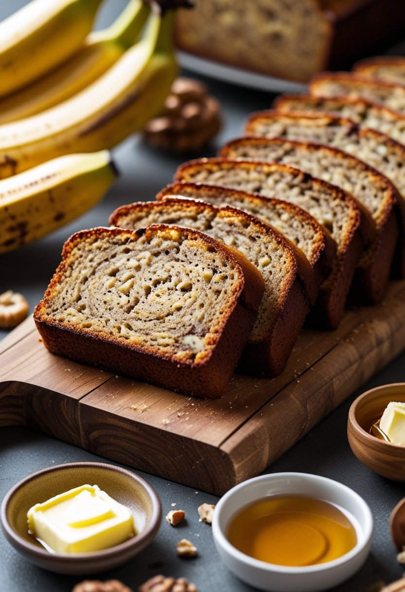 Close-up of toasted banana bread slices on a wooden board with fresh bananas and butter nearby.