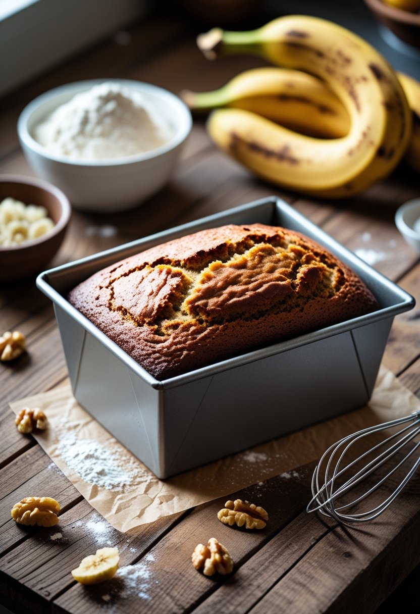 Freshly baked banana bread in a metal loaf pan on a wooden countertop with bananas and baking ingredients around it.
