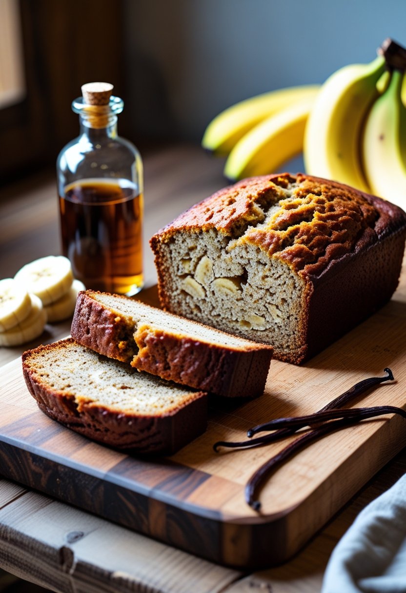 Freshly sliced banana bread on a wooden board with a bottle of vanilla extract, ripe bananas, and vanilla beans on a kitchen counter.