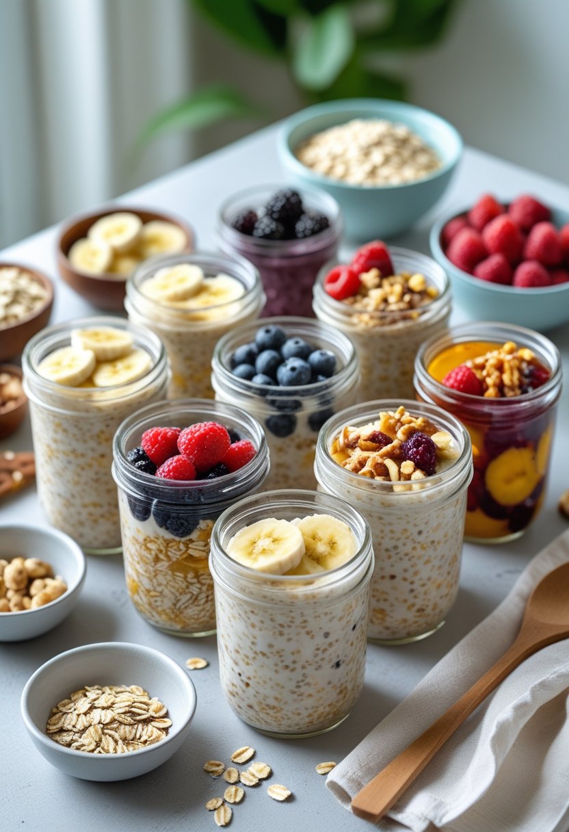 Seven jars of overnight oats with various fruits and toppings arranged on a kitchen table.