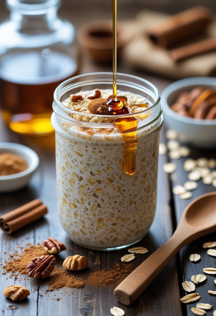 A jar of maple and cinnamon overnight oats topped with syrup and nuts, surrounded by cinnamon sticks and oats on a wooden table.
