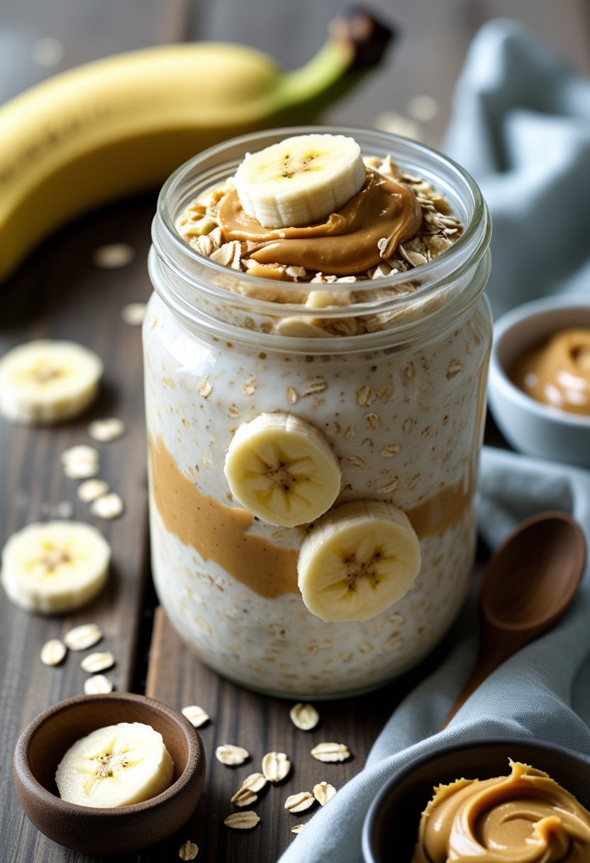 A jar of peanut butter and banana protein overnight oats with banana slices and peanut butter on a wooden table surrounded by bananas, peanut butter bowl, and oats.