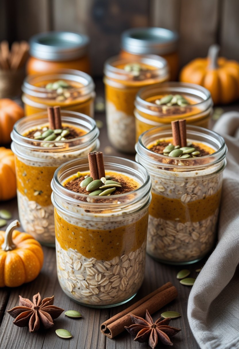 Seven glass jars filled with pumpkin spice overnight oats on a wooden table surrounded by small pumpkins and cinnamon sticks.