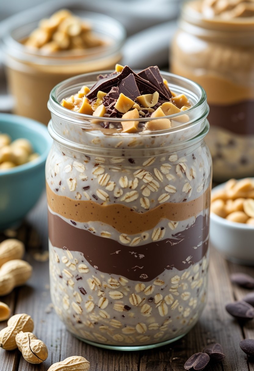 A glass jar filled with chocolate peanut butter overnight oats topped with chopped peanuts and chocolate shavings on a wooden table with peanut butter and peanuts nearby.