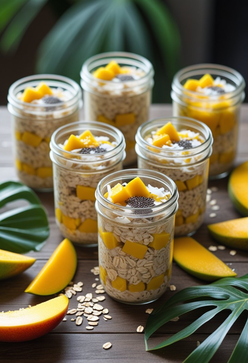 Seven jars of mango and coconut overnight oats arranged on a wooden table with fresh mango slices and tropical leaves.