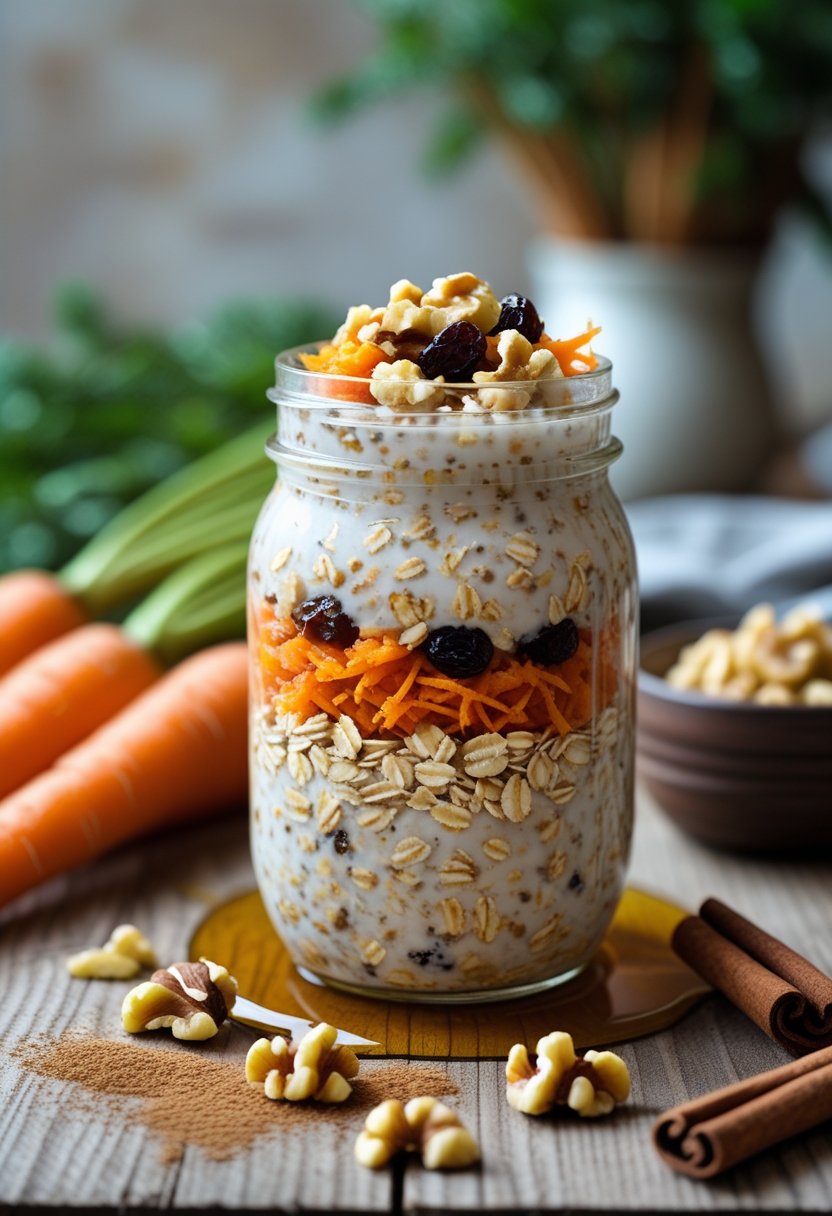 A jar of carrot cake overnight oats with chopped nuts and cinnamon on a wooden surface surrounded by fresh carrots and walnuts.