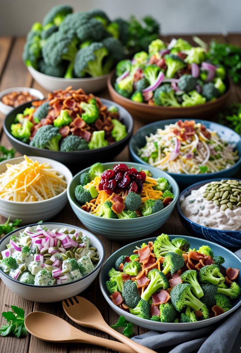 Seven bowls of broccoli salad with various fresh ingredients arranged on a wooden table.