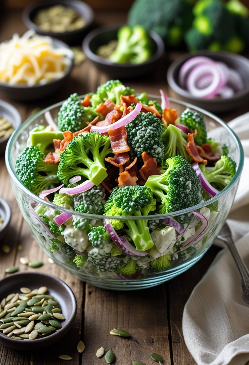 A bowl of broccoli salad with bacon and red onion on a wooden table.