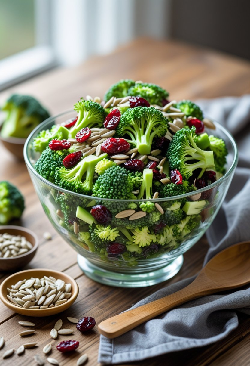 A bowl of broccoli salad with dried cranberries and sunflower seeds on a wooden table.