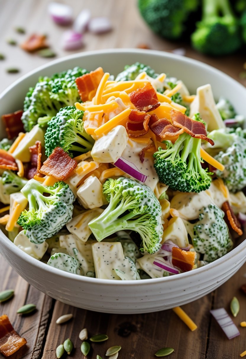 A bowl of creamy broccoli salad with cheddar cheese and bacon on a wooden table.