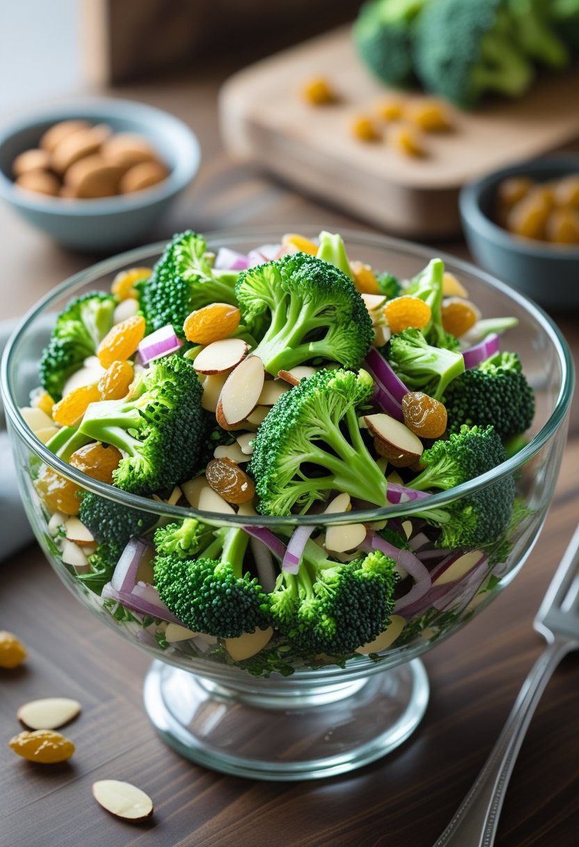 A bowl of broccoli salad with almonds and raisins on a wooden table.