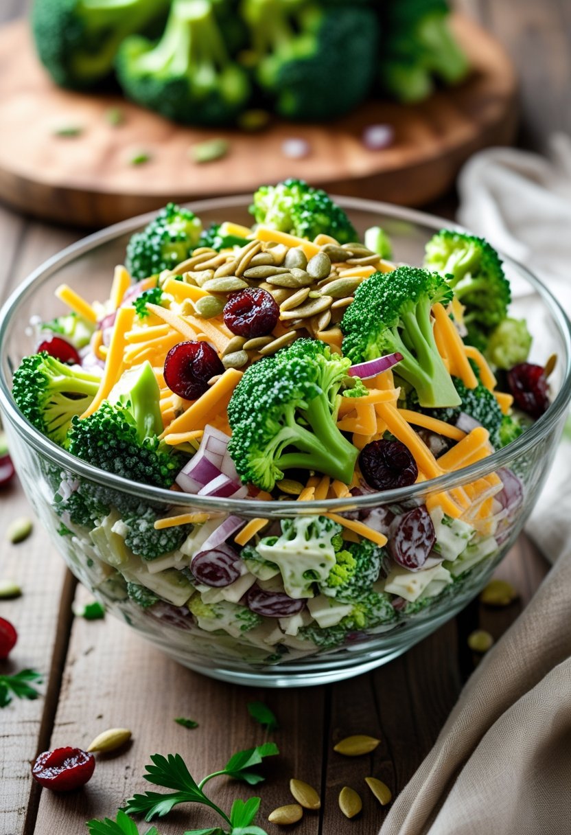 A bowl of broccoli salad with cheddar cheese, dried cherries, and sunflower seeds on a wooden table.